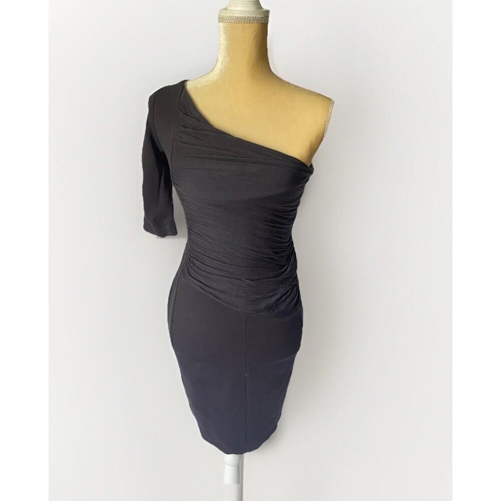 BCBG Maxazria Black One Shoulder Ruched Dress Size 2